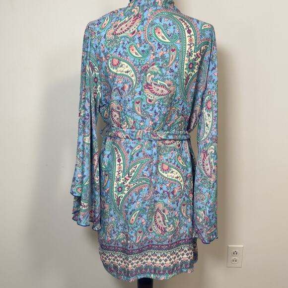 100% Silk Belted Kimono Robe W/ Bell Sleeves. Made In India. Vibrant Midi Blue - Picture 2 of 12